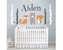 Forest with fox, bear and custom name in cartoon style - Nursery Wall Decal