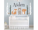 Forest with fox, bear and custom name in cartoon style - Nursery Wall Decal