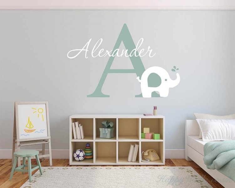 Customised Name Monogram With Elephant Wall Decal For Nursery - Monogram Wall Decal Uk